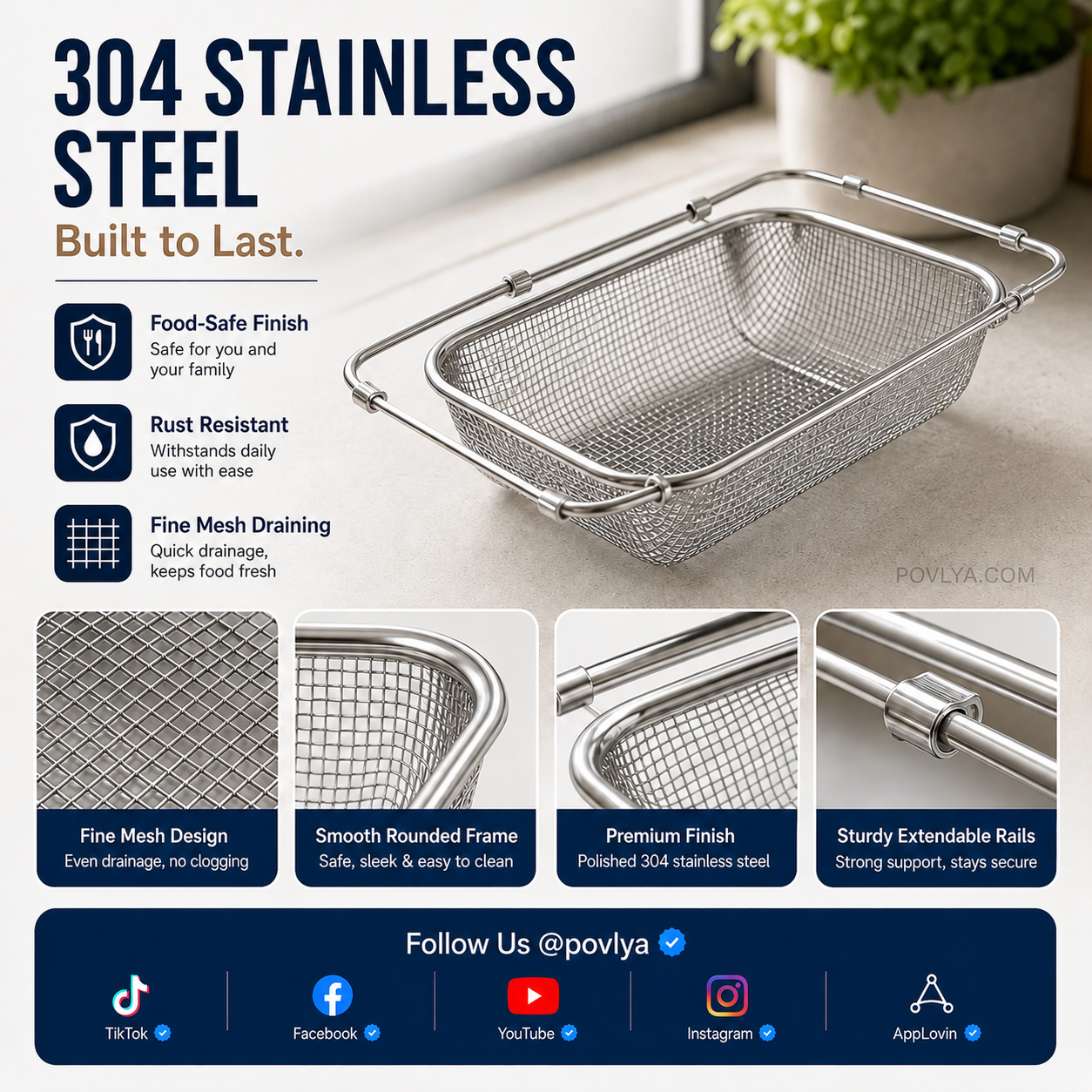 304 stainless steel expandable sink basket details