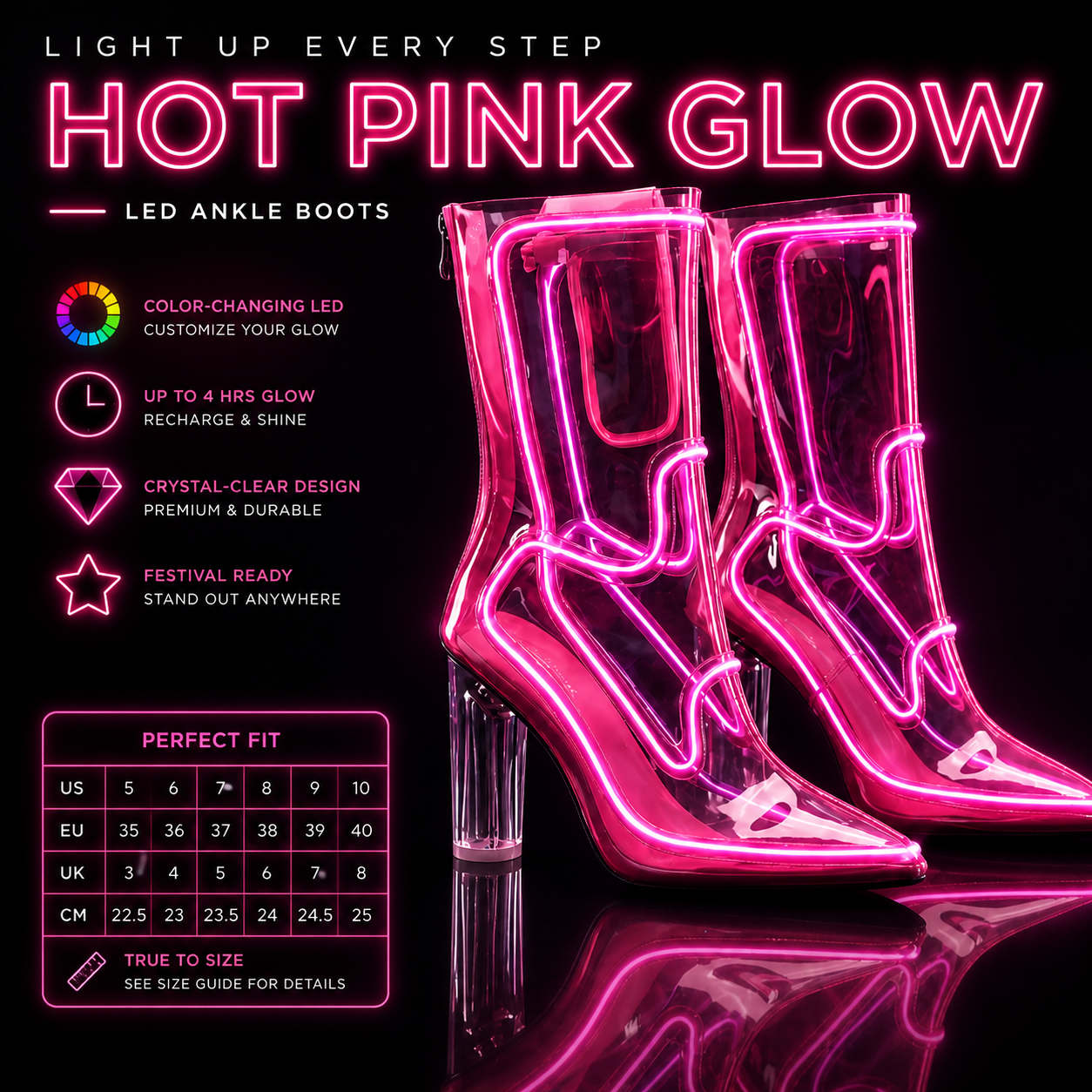 Hot pink LED transparent cowboy ankle boots