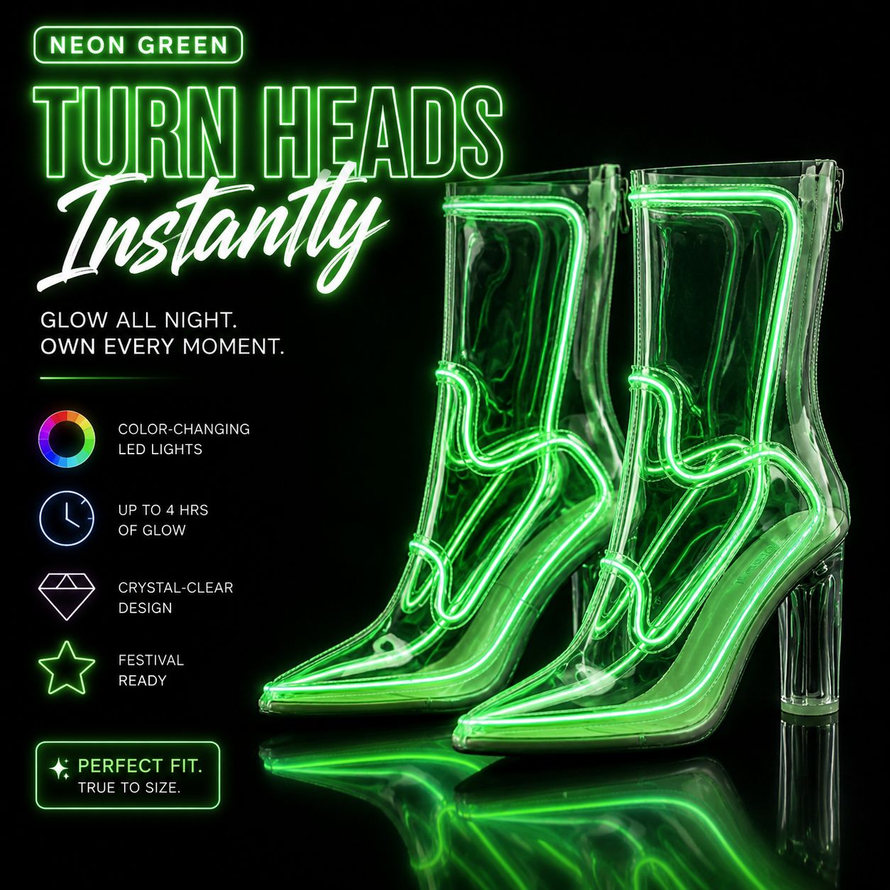 Neon green LED transparent festival boots