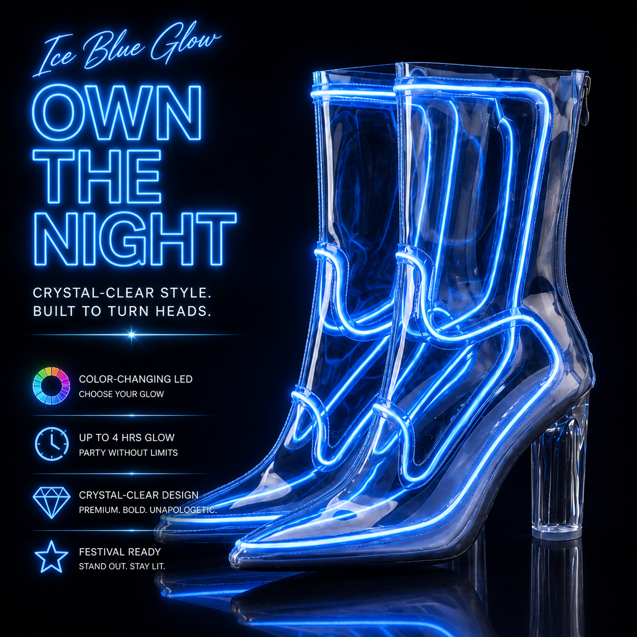 Ice blue LED transparent ankle boots