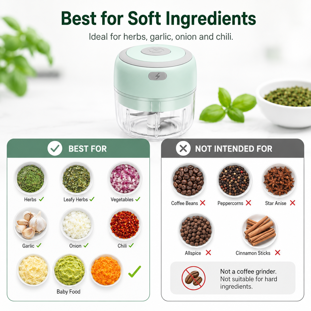 Suitable and unsuitable ingredients for mini herb grinder