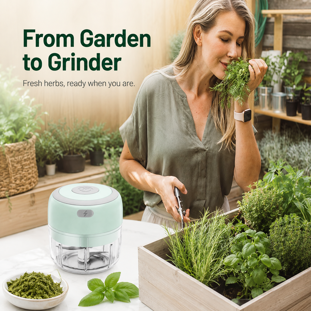 Fresh garden herbs with portable herb grinder