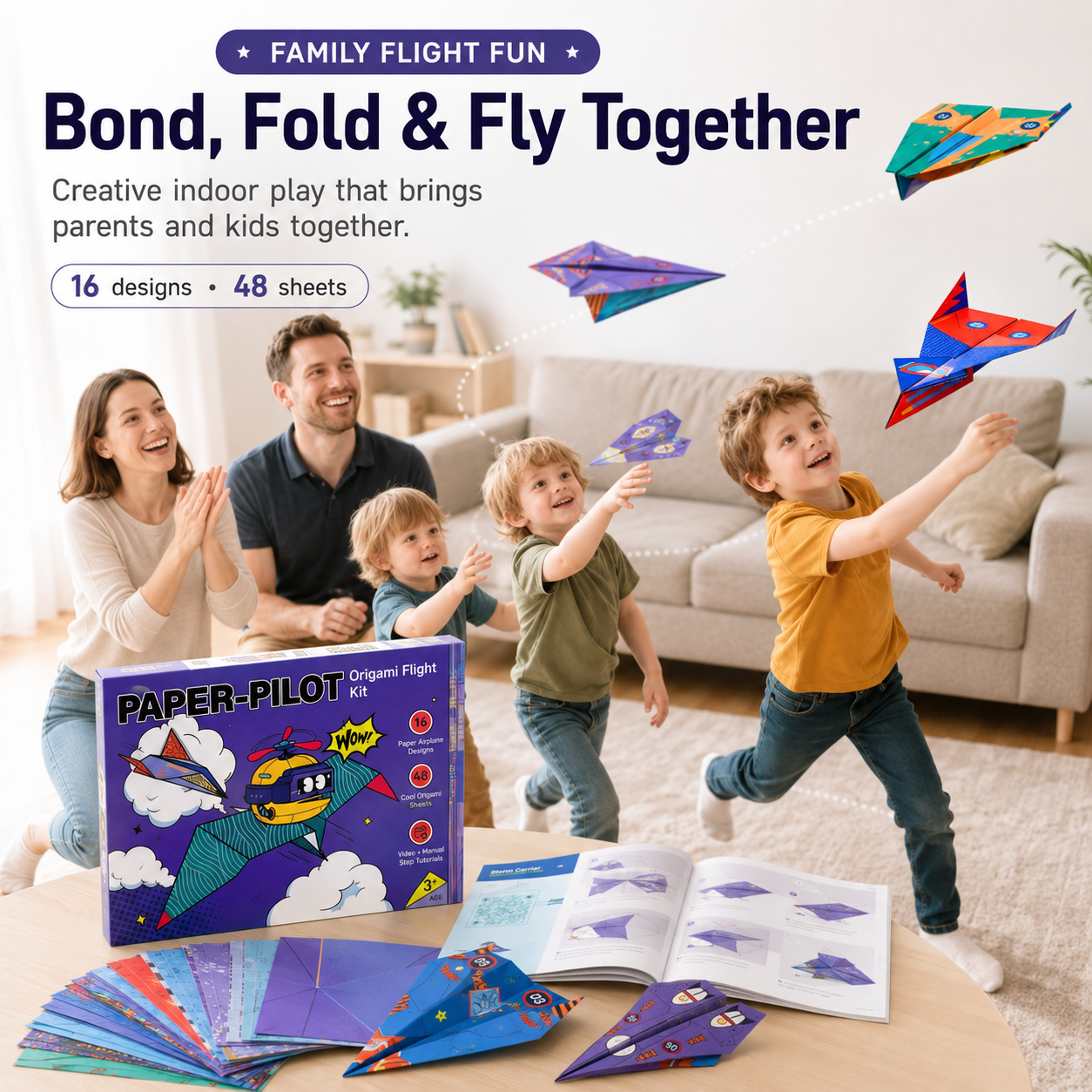 Family playing with paper airplanes
