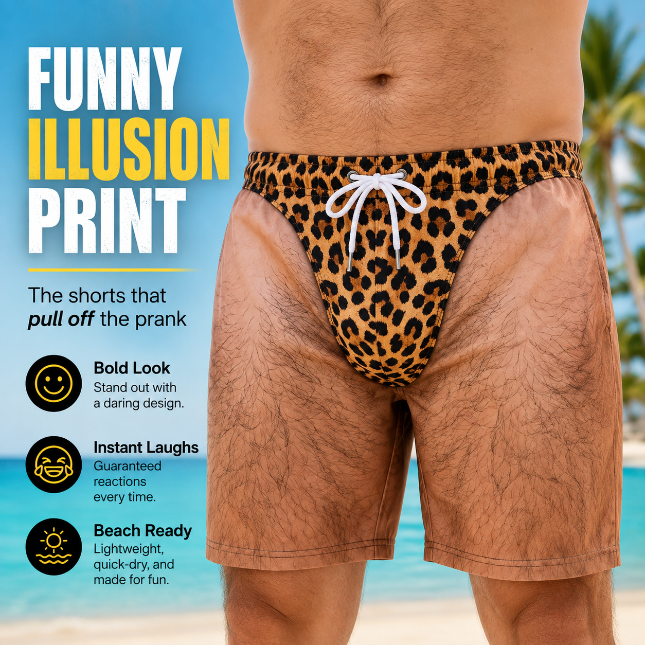 Funny illusion swim trunks made for playful summer humor and beach parties