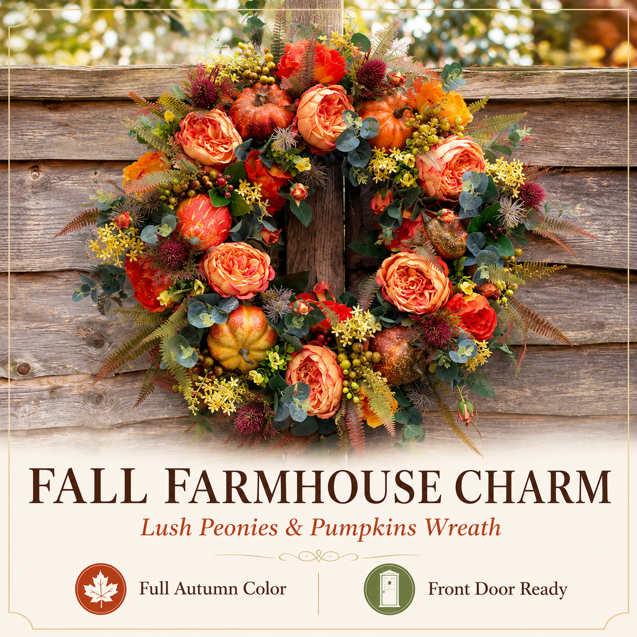 Peony pumpkin fall wreath size and front door display