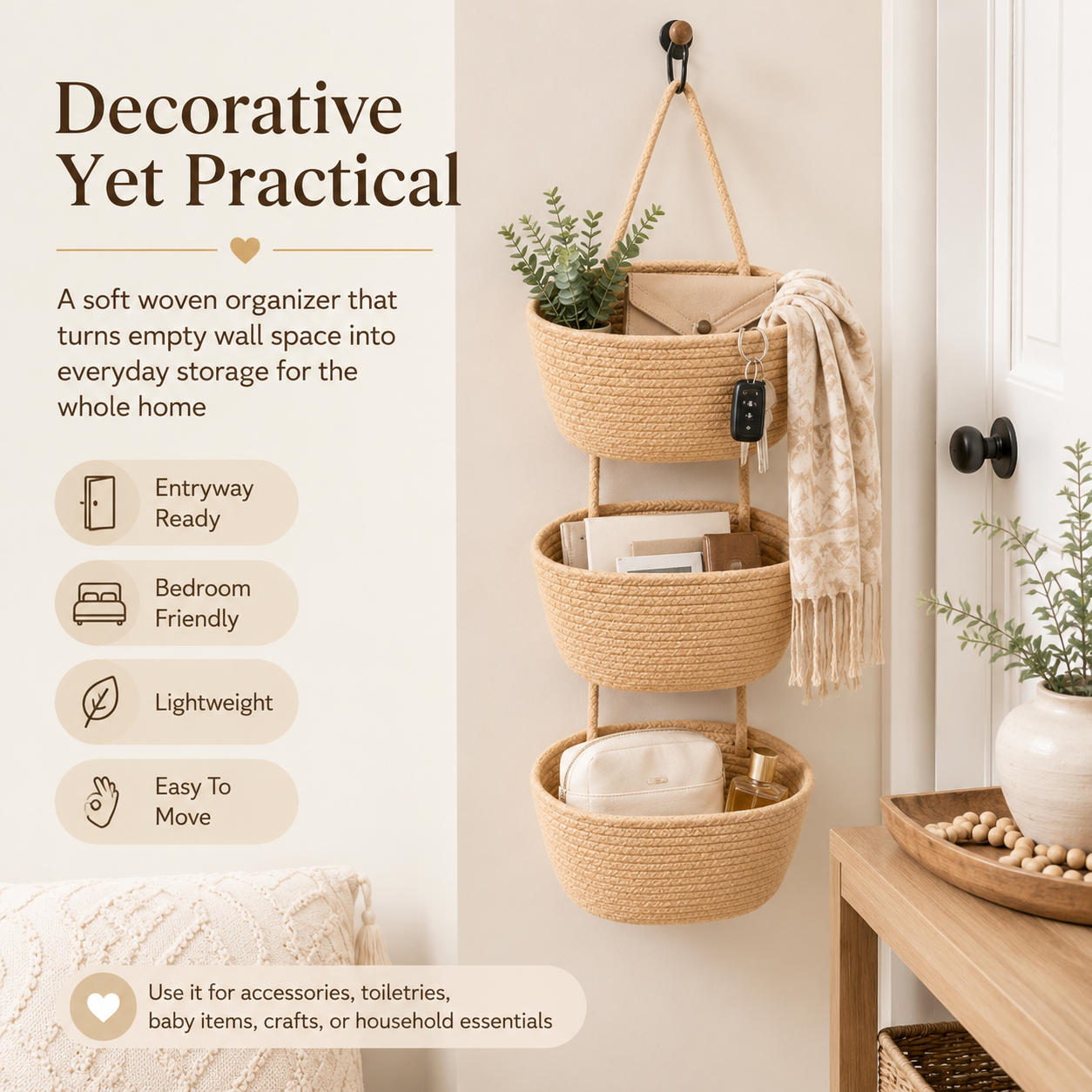 Multi-room woven cotton organizer for home storage