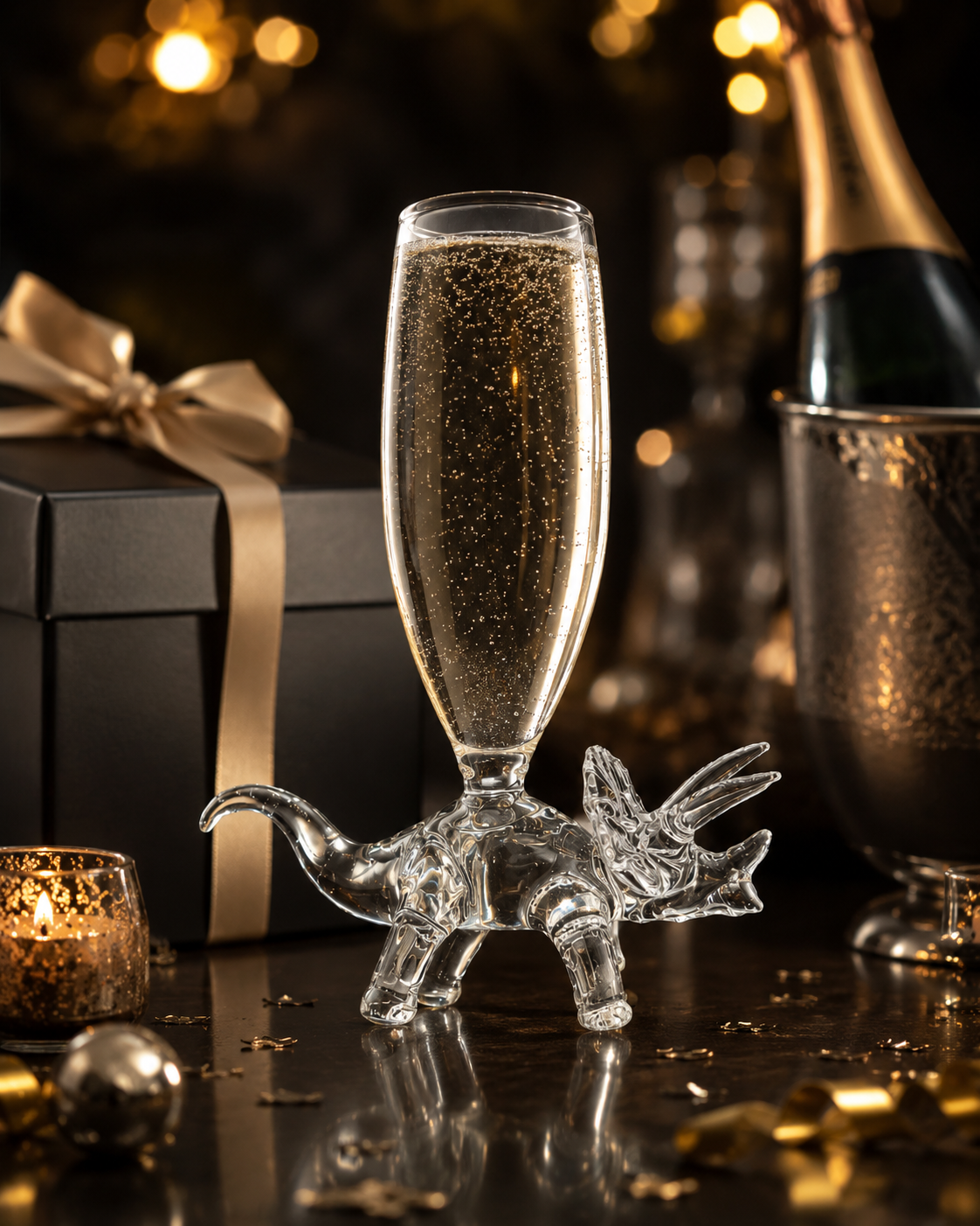 Dinosaur champagne glass gift and party scene