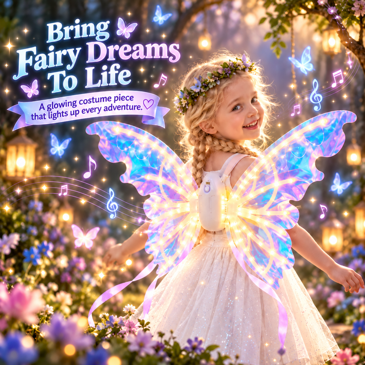 Kids playing with glowing electric moving fairy wings at party