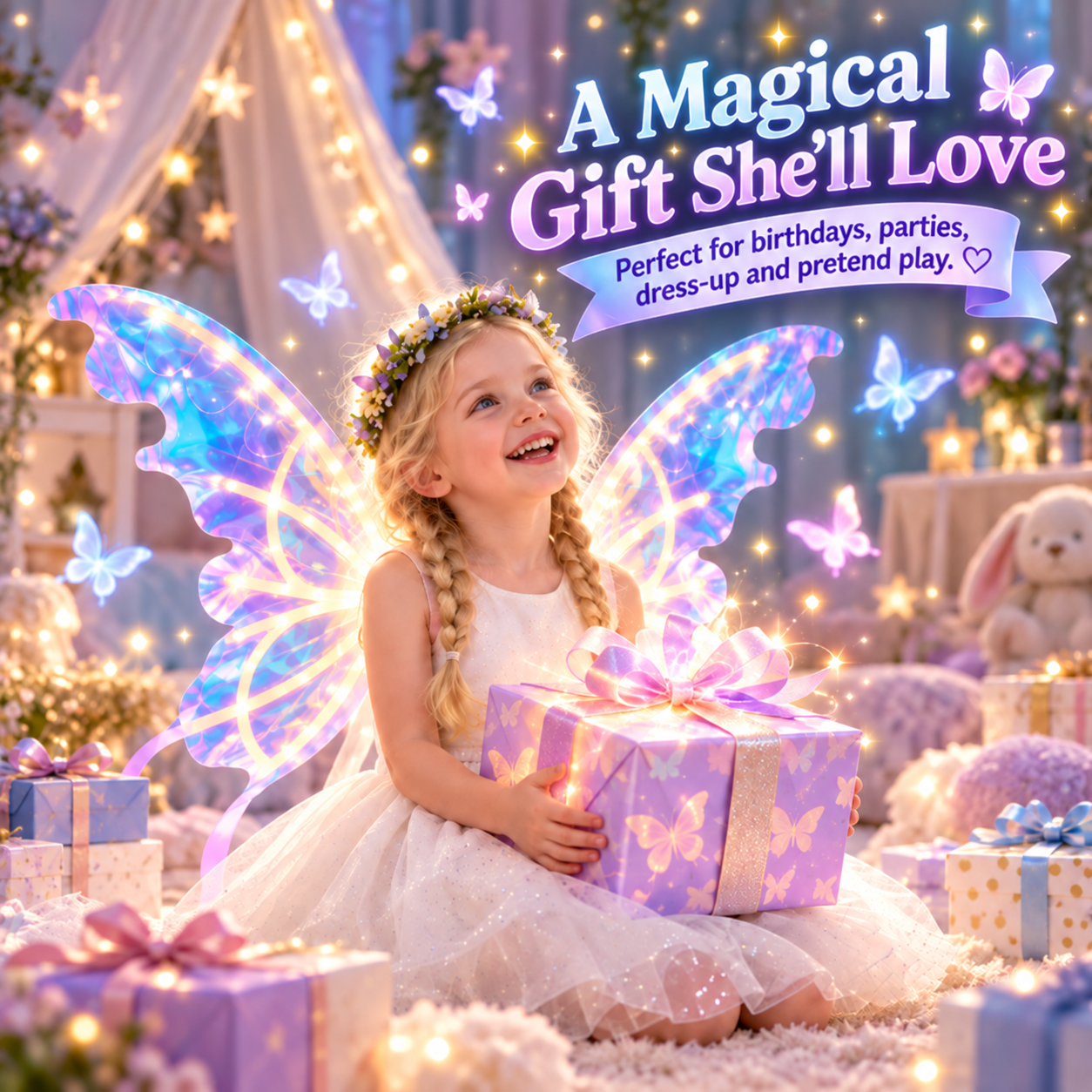 Little girl dancing happily with glowing moving butterfly wings