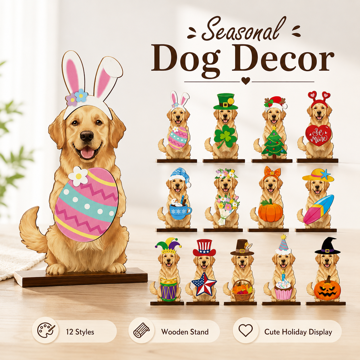Seasonal wooden dog decor collection