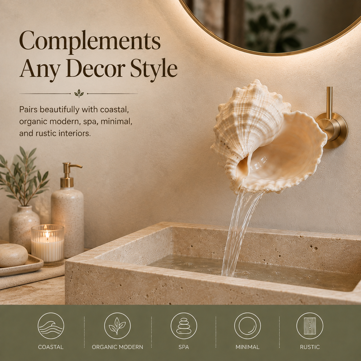 Seashell faucet styled with neutral bathroom decor