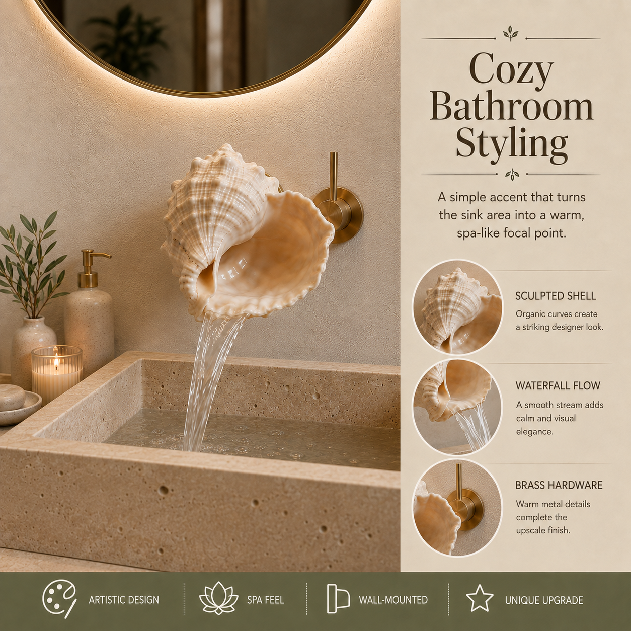 Cozy bathroom styling with a wall-mounted shell faucet