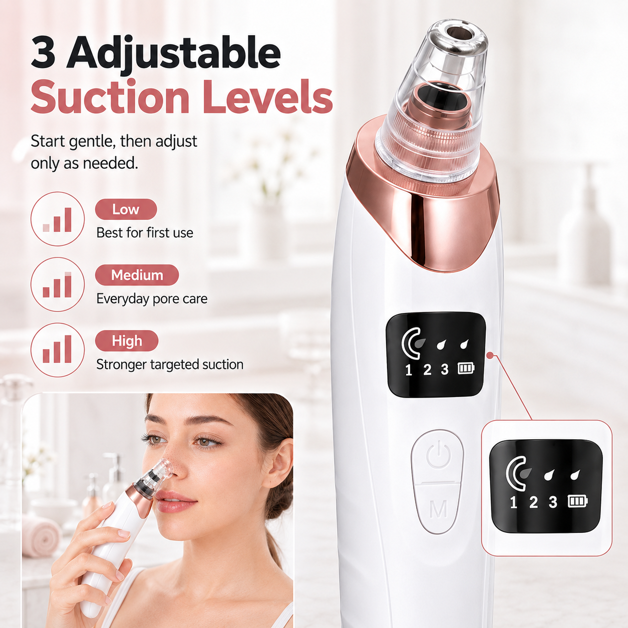 Three adjustable pore cleaner suction levels