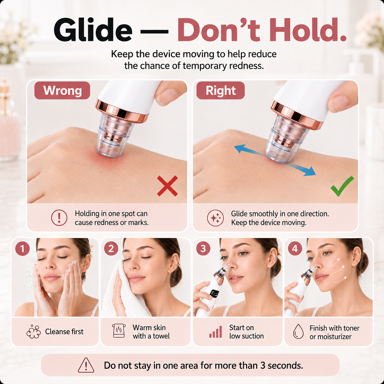 Correct gliding technique for pore suction cleaner