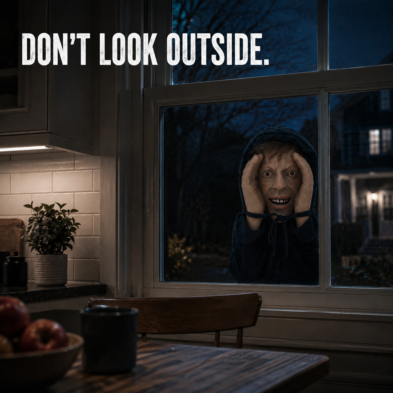 Scary realistic face prop on glass showing placement idea