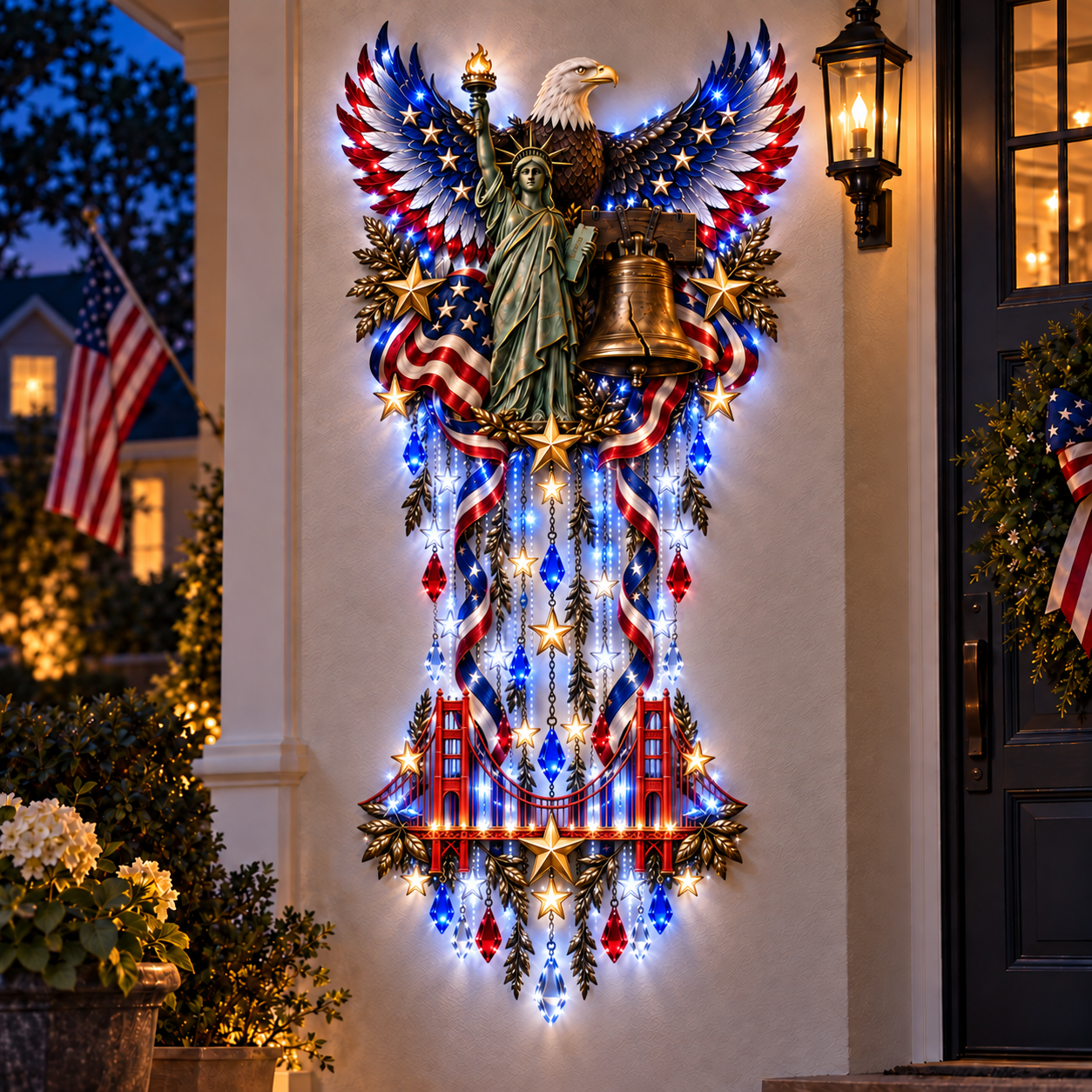 Patriotic cascade wall light with eagle Statue of Liberty Liberty Bell and Golden Gate Bridge