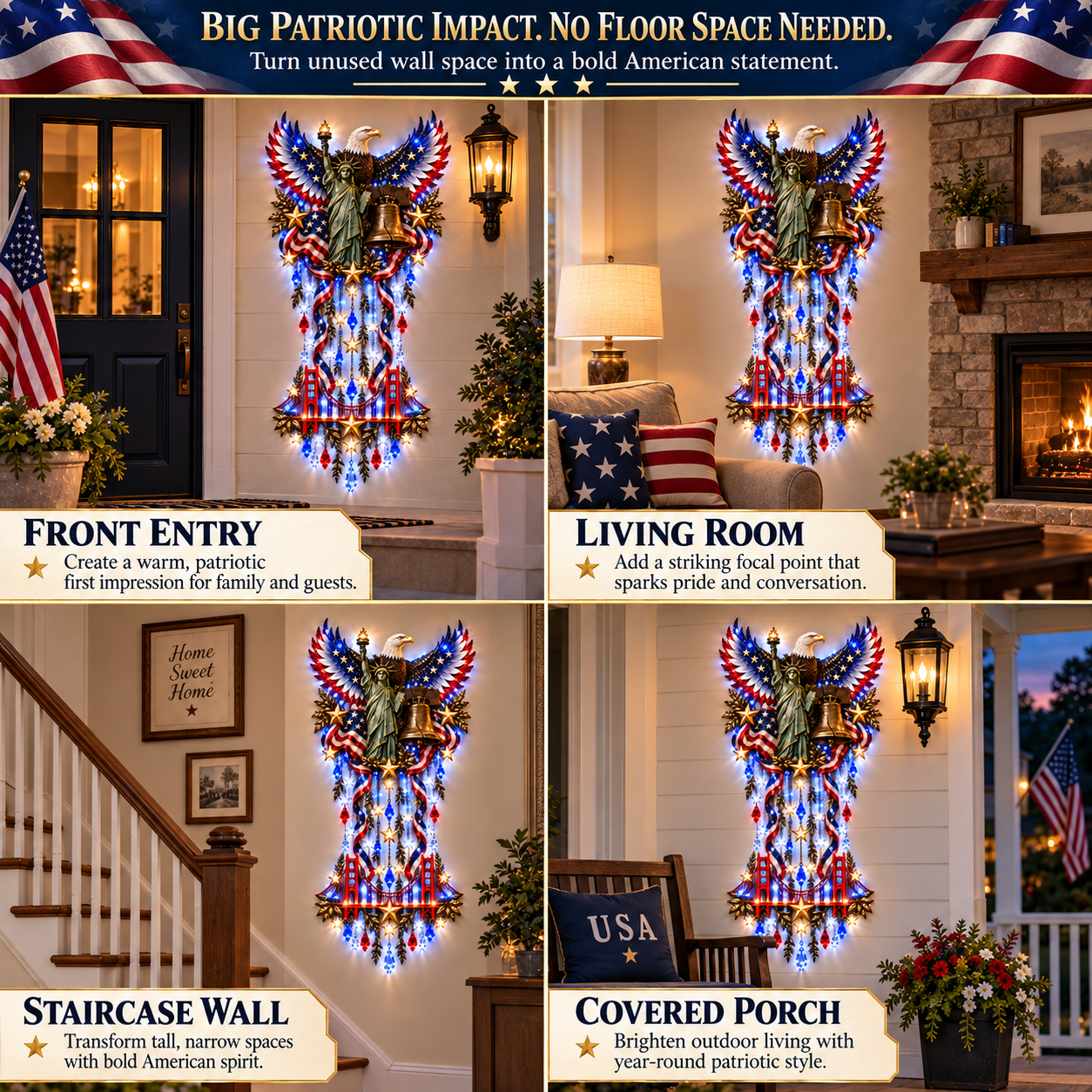 Couple admiring illuminated American patriotic wall decoration
