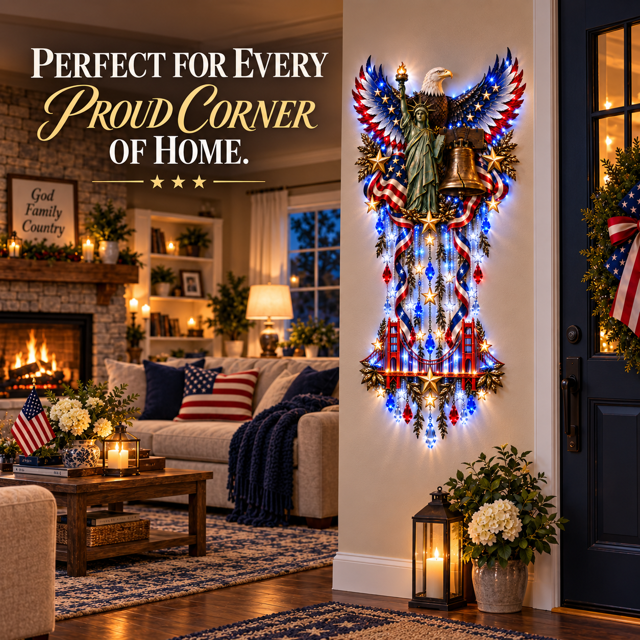 Woman positioning patriotic cascade wall decoration