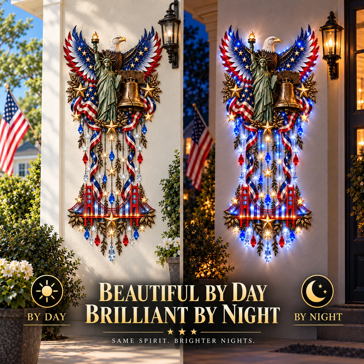 Day and night comparison of patriotic cascade wall decoration