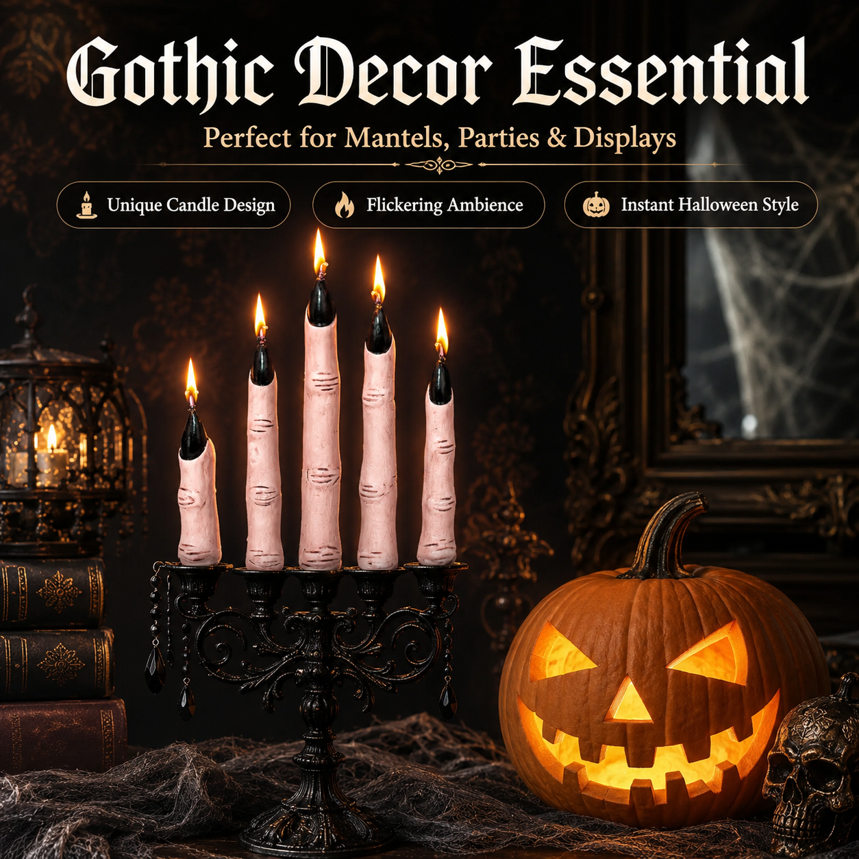 Halloween finger candles beside glowing pumpkin for warm spooky atmosphere