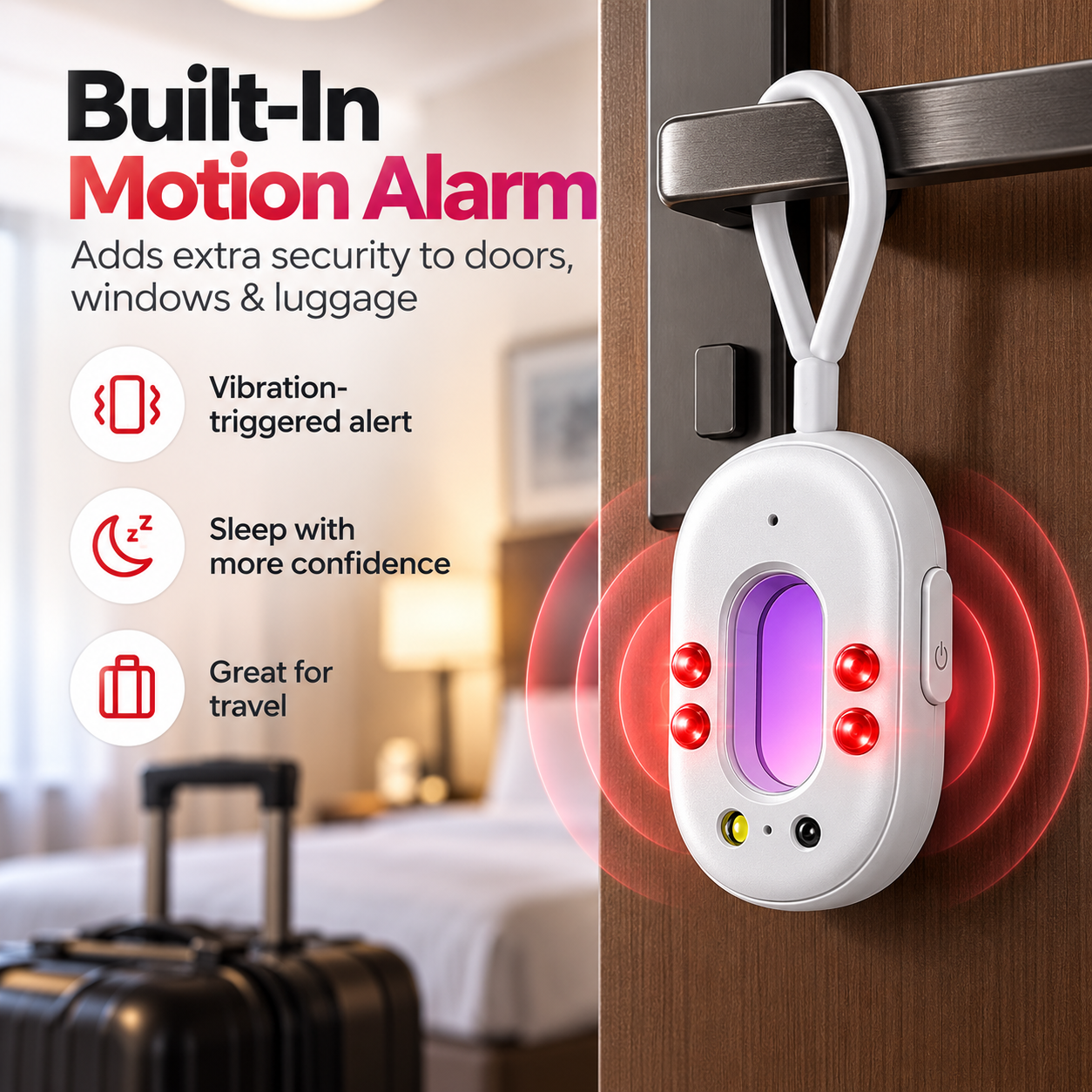 Built in motion alarm for doors windows and luggage