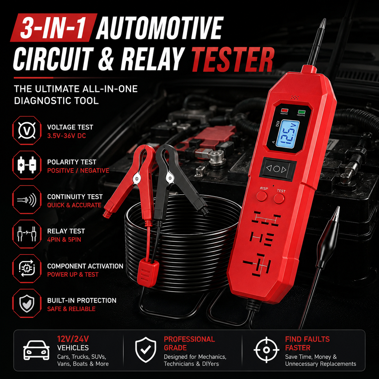 3-in-1 automotive circuit and relay diagnostic tester