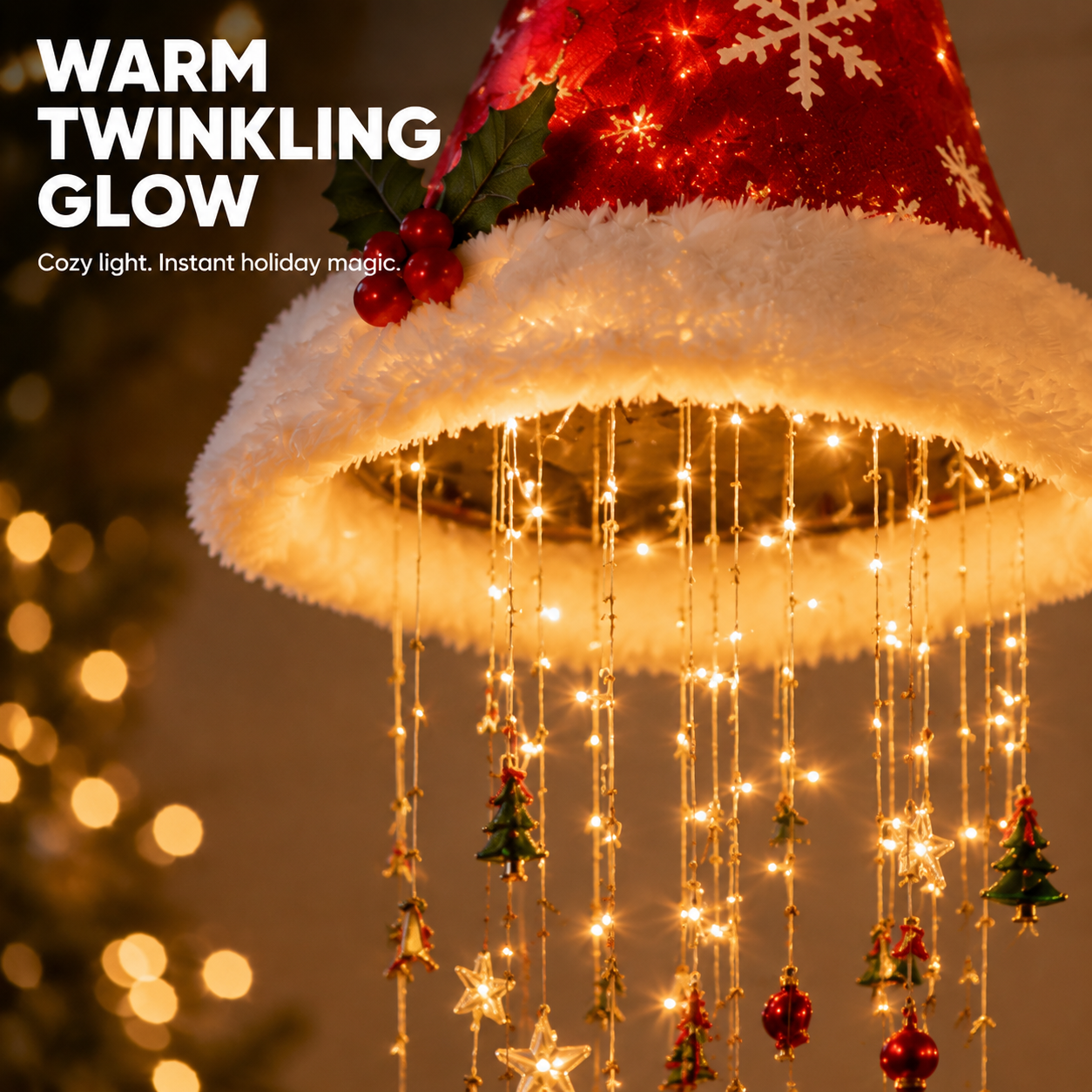 Warm twinkling LED Christmas garland glow close-up