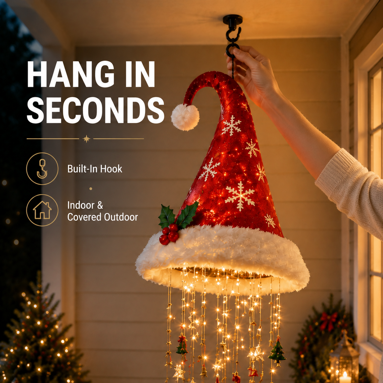 Holiday Lighted Garland built-in hook easy hanging demonstration