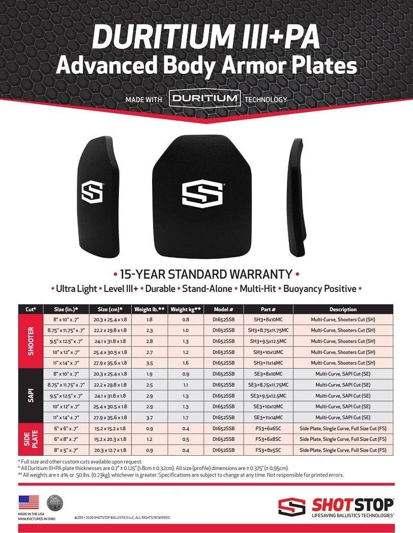 ShotStop Duritium® Level III+PA Ballistic Plates