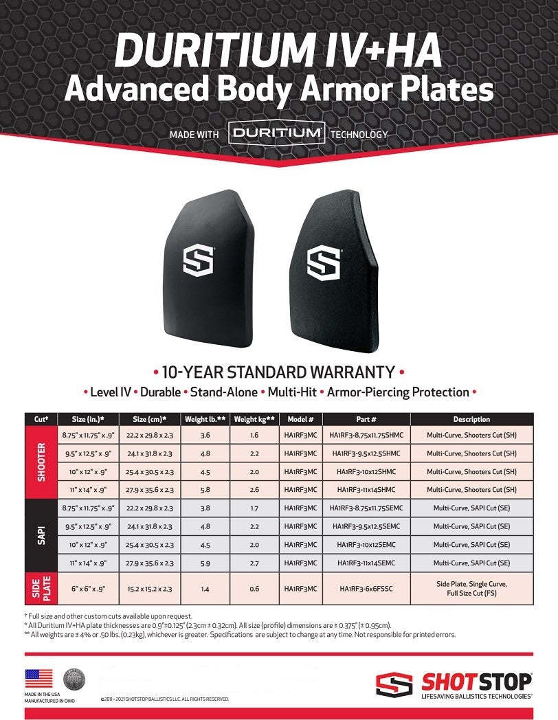 ShotStop Duritium® Level IV+HA Ballistic Plates