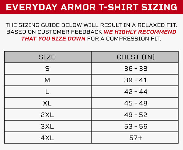 everyday armor tshirt sizing chart for concealable body armor shirt