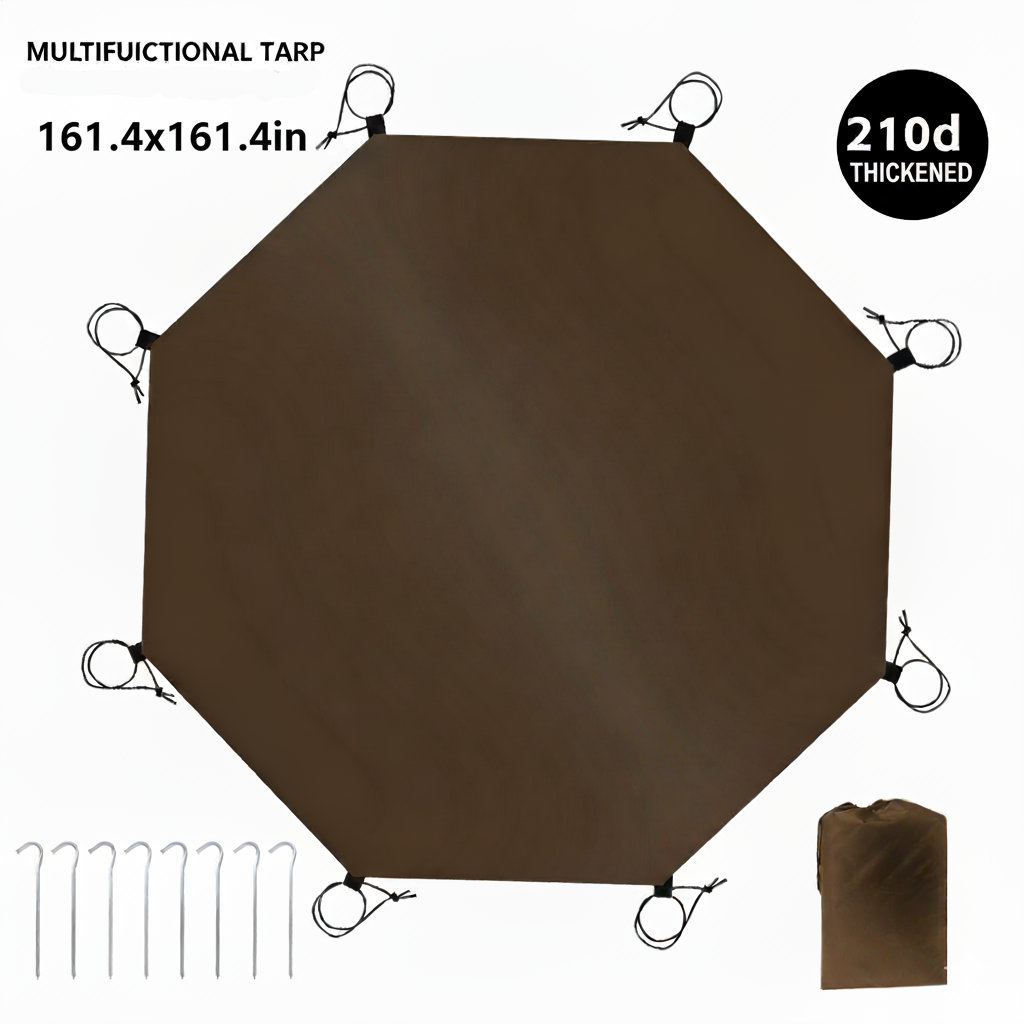 An octagonal, brown, multifunctional tarp with multiple tie-out points, packaged with metal tent stakes.