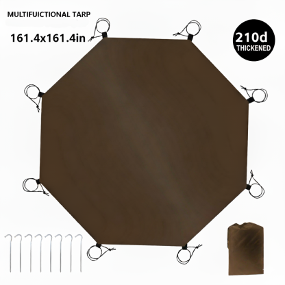 An octagonal, brown, multifunctional tarp with multiple tie-out points, packaged with metal tent stakes.