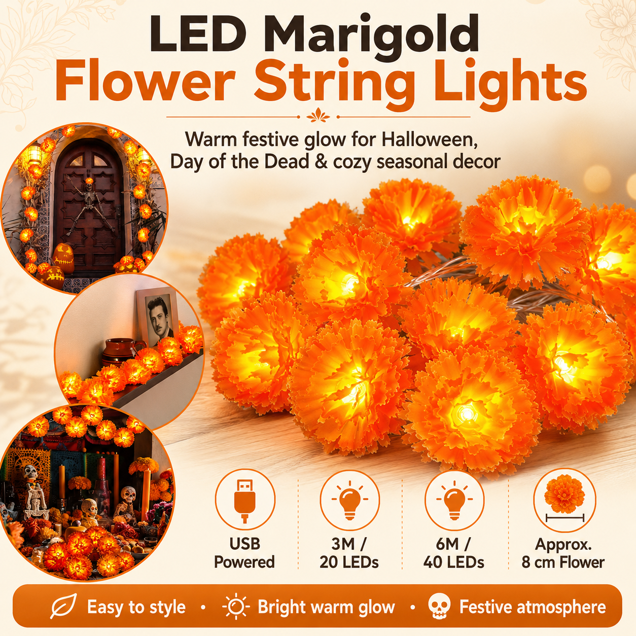 LED Marigold Flower String Lights for Halloween and Day of the Dead
