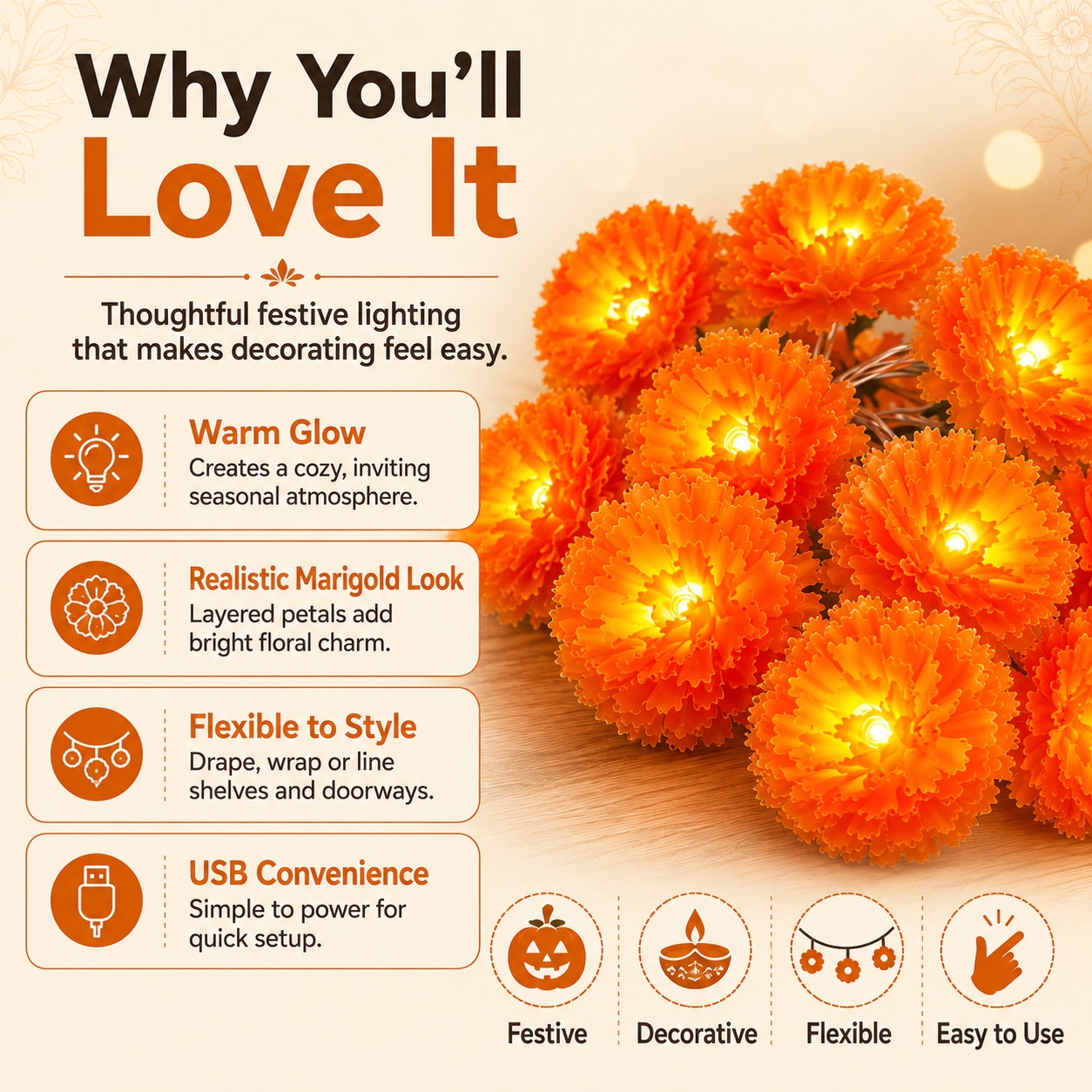 Benefits of USB powered marigold flower lights