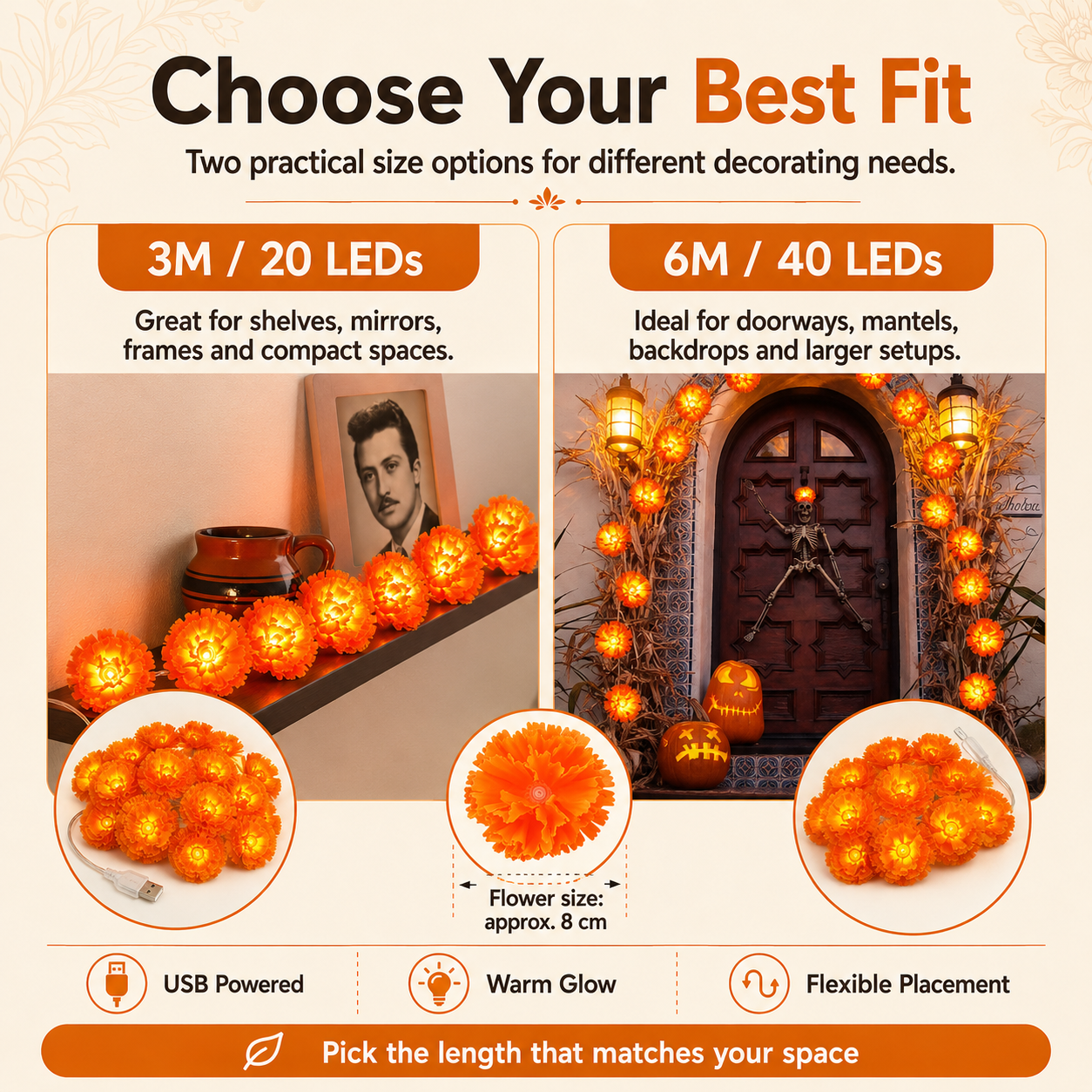 Comparison of 3 meter 20 LED and 6 meter 40 LED marigold flower lights