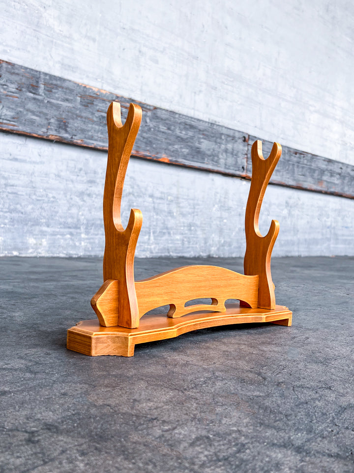 Platform Double Sword Stand exact full product view in light wood