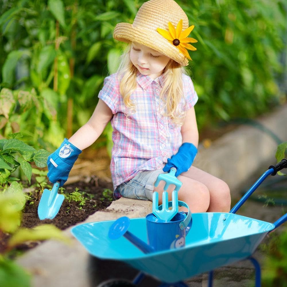 Blue Dinosaur Kids Wheelbarrow Set|Children's Wheelbarrow with Gardening Tools and Gloves Ages 3+