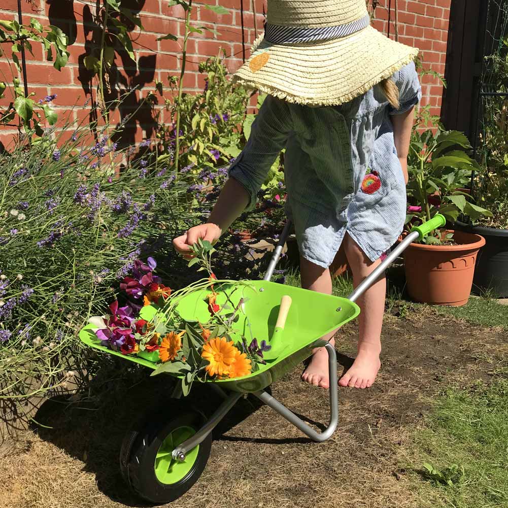 Green Hedgehog Kids Wheelbarrow Set|Children's wheelbarrow with Gardening Tools and Gloves Age 3+