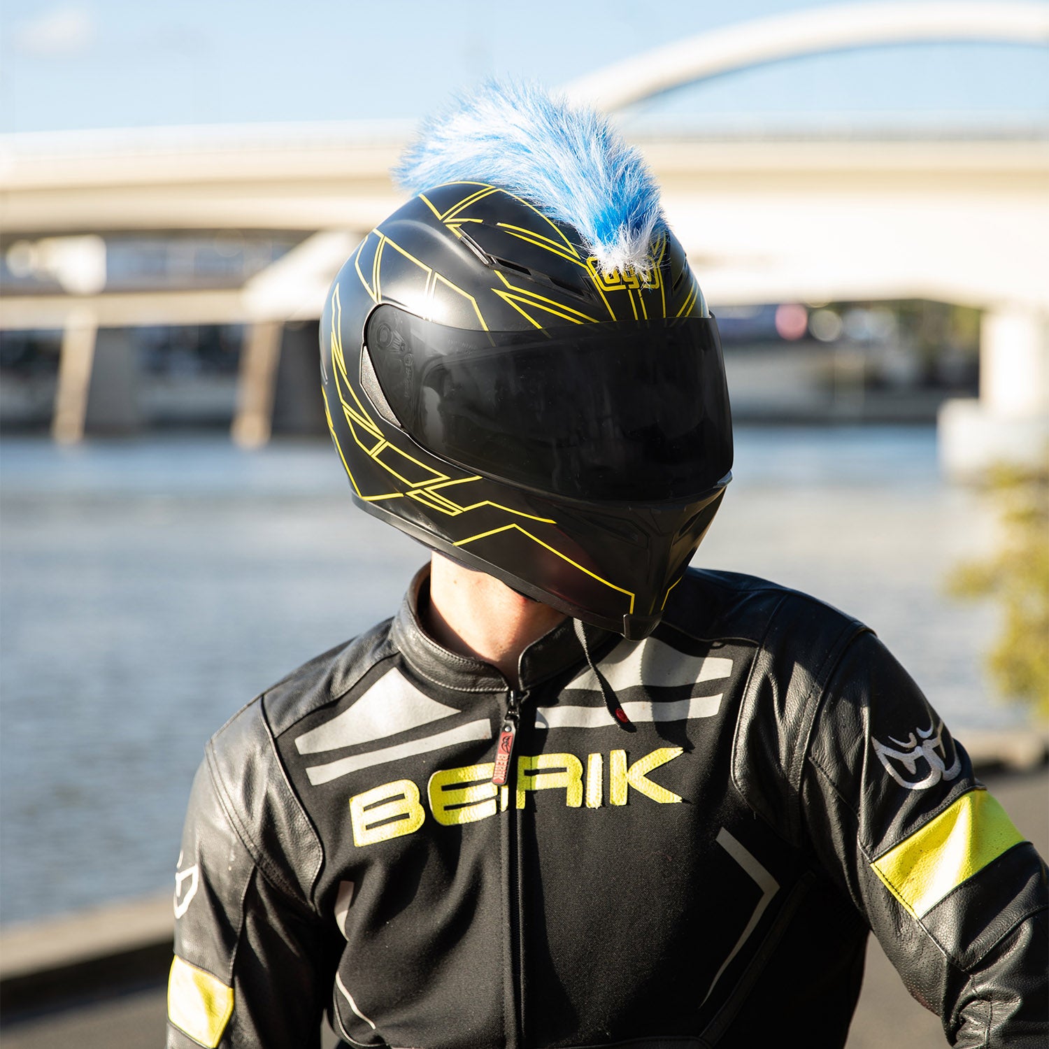 Motorcycle Helmet Mohawk - Blue and White