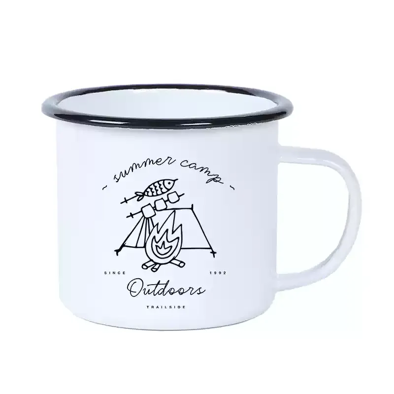 Savotta enamel mug with black rim and "Summer Camp Outdoors" graphic of a tent, campfire, and fish.
