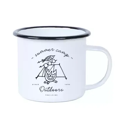 Savotta enamel mug with black rim and "Summer Camp Outdoors" graphic of a tent, campfire, and fish.