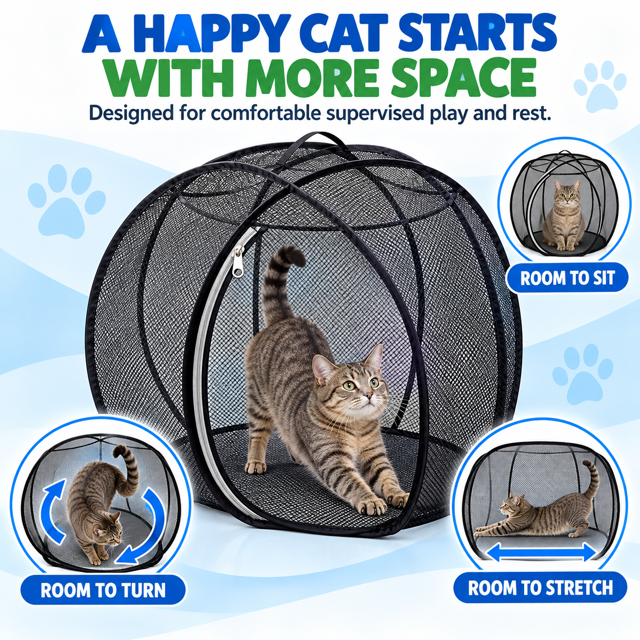 Cat stretching inside large playpen