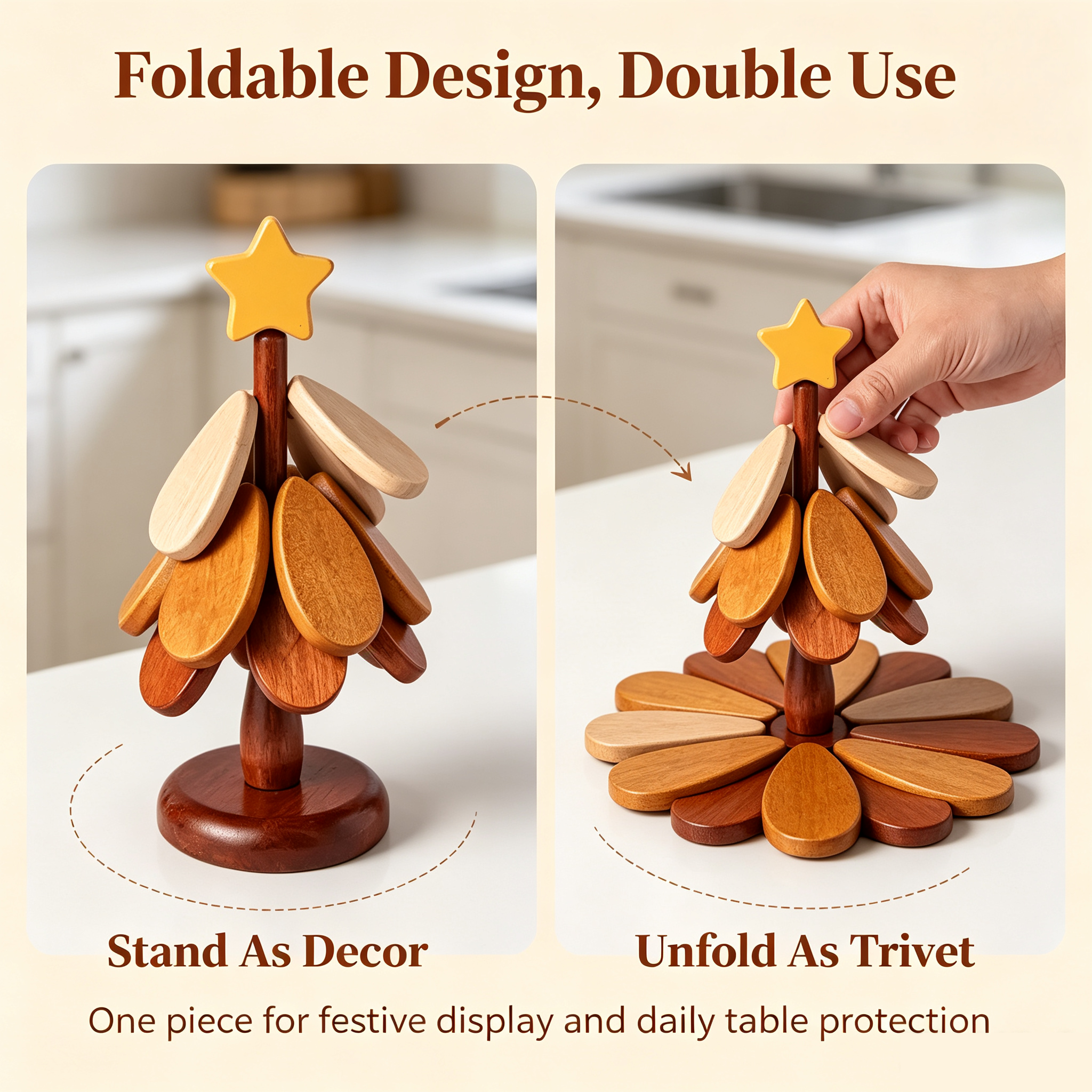 Foldable wooden Christmas tree trivet opens into table protector
