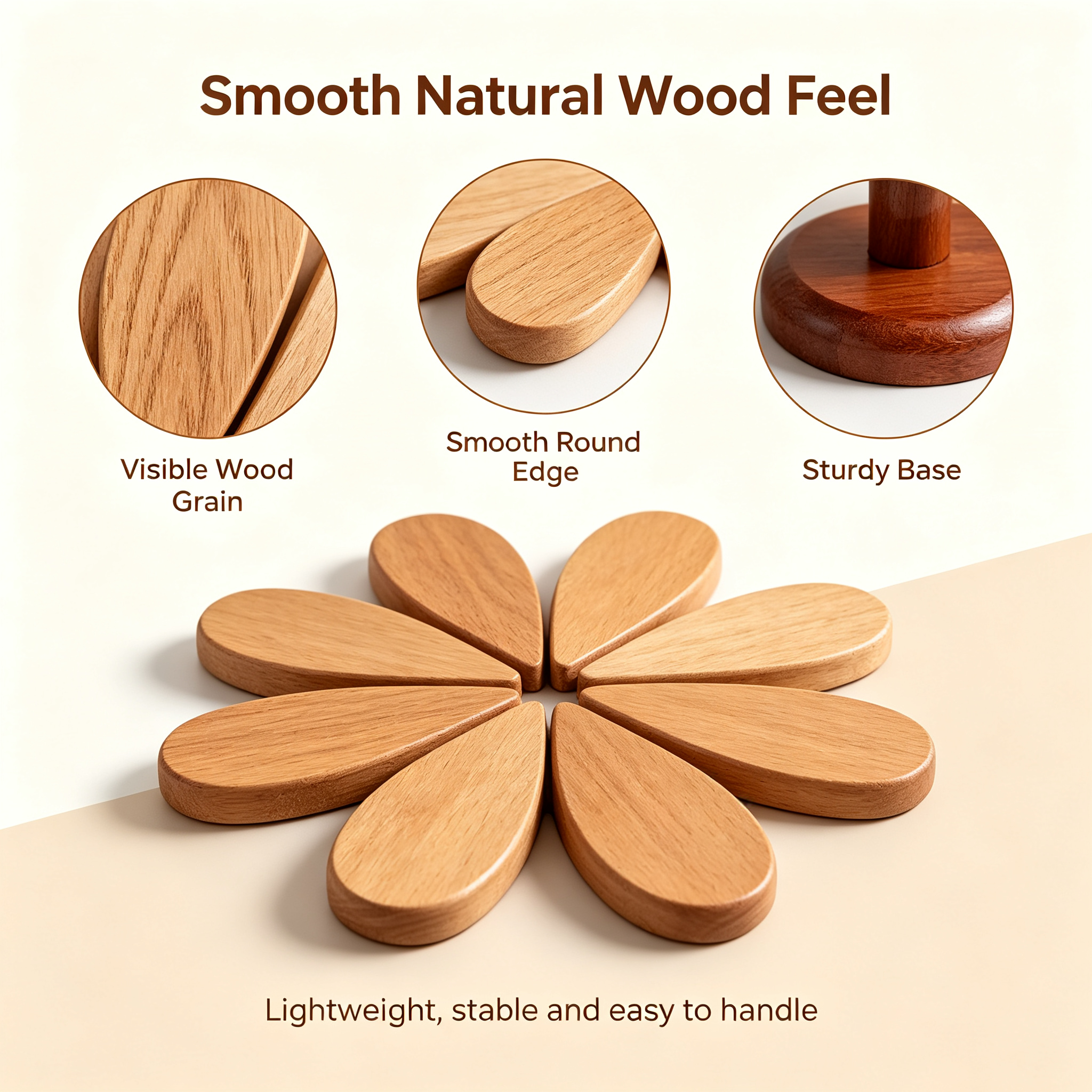Expanded wooden flower-style trivet with natural wood feel