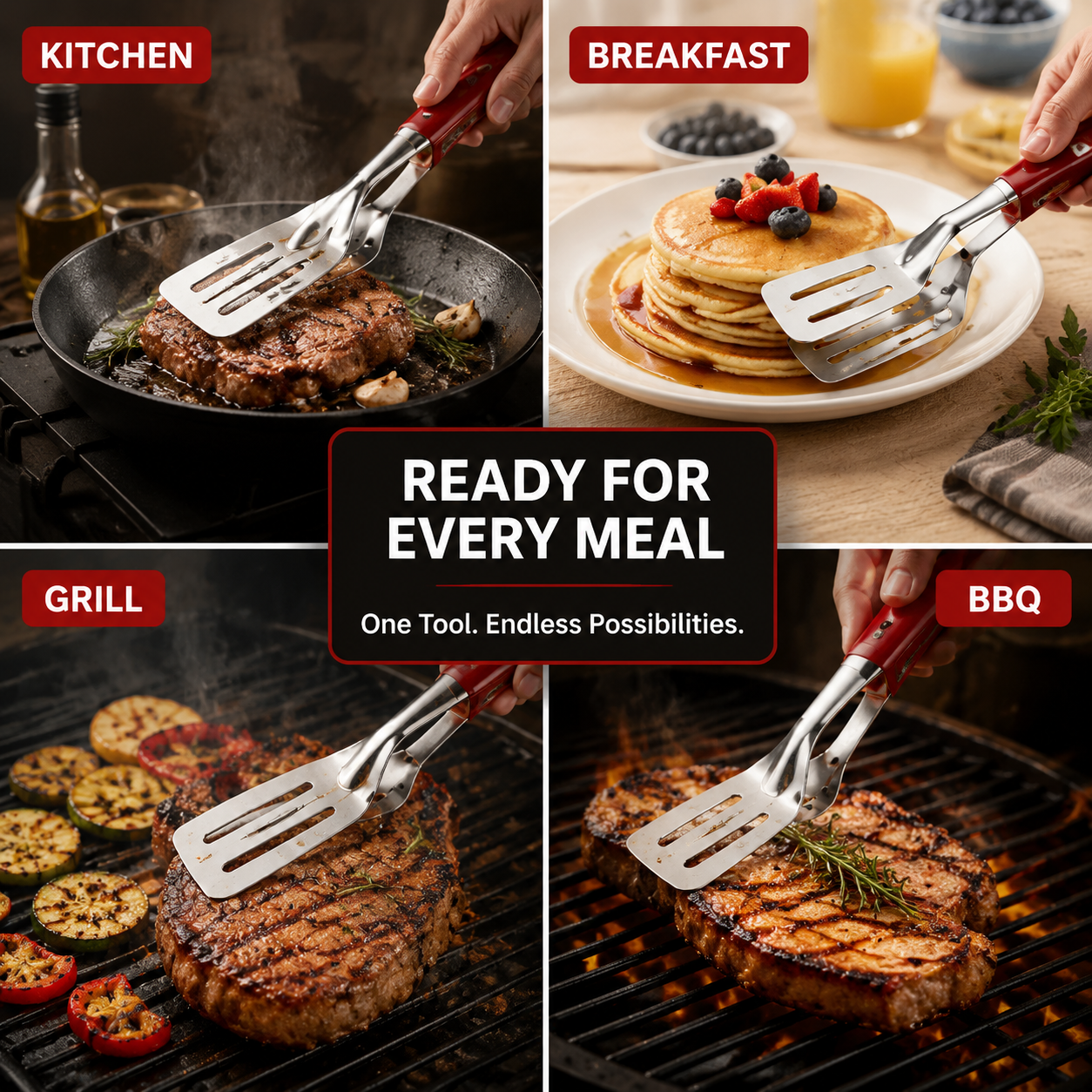 Flipping steak with spatula clip in pan close up