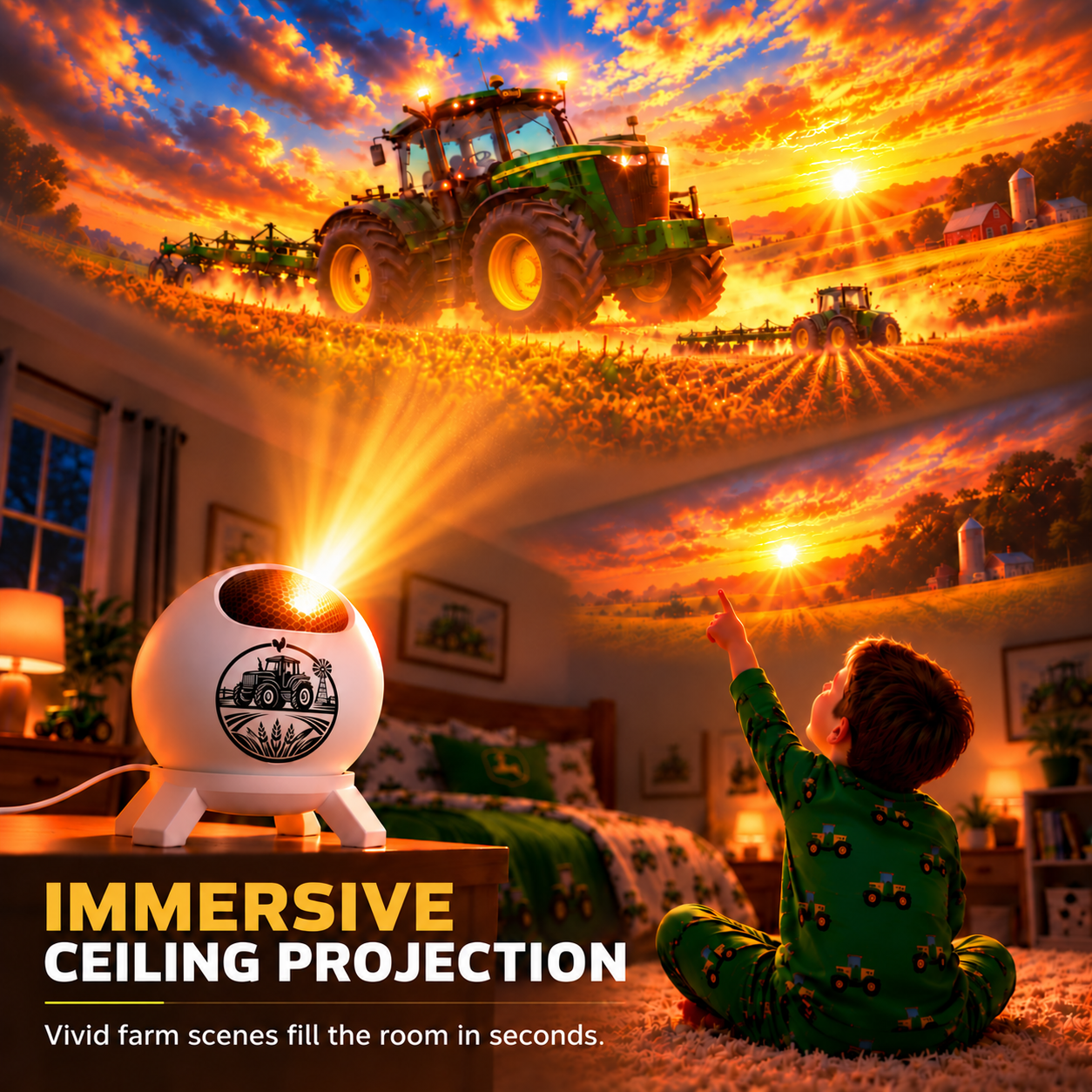 Full bedroom wall transformation with green tractor and farm countryside projection