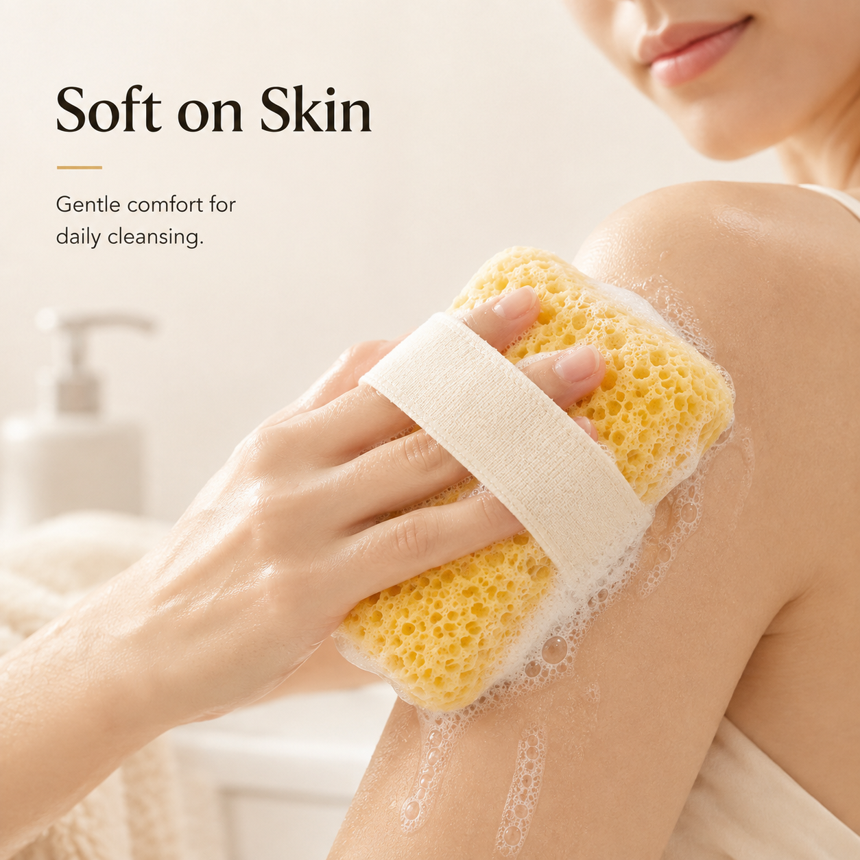 Inserting bar soap into built in sponge pocket close up