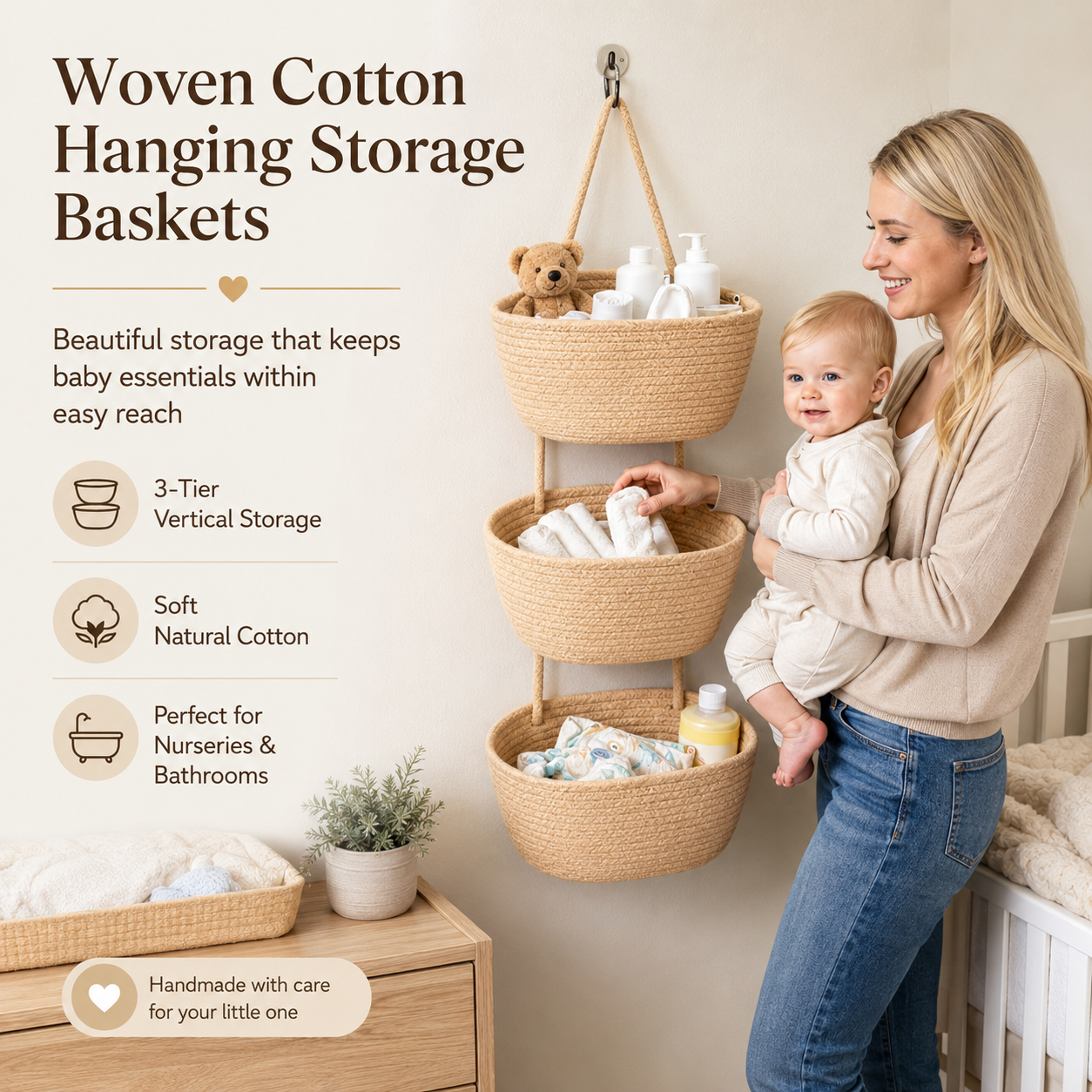 Woven cotton hanging storage baskets for nursery and baby essentials