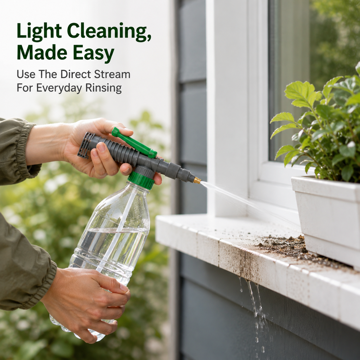 Direct jet water stream washing mud off planter pots